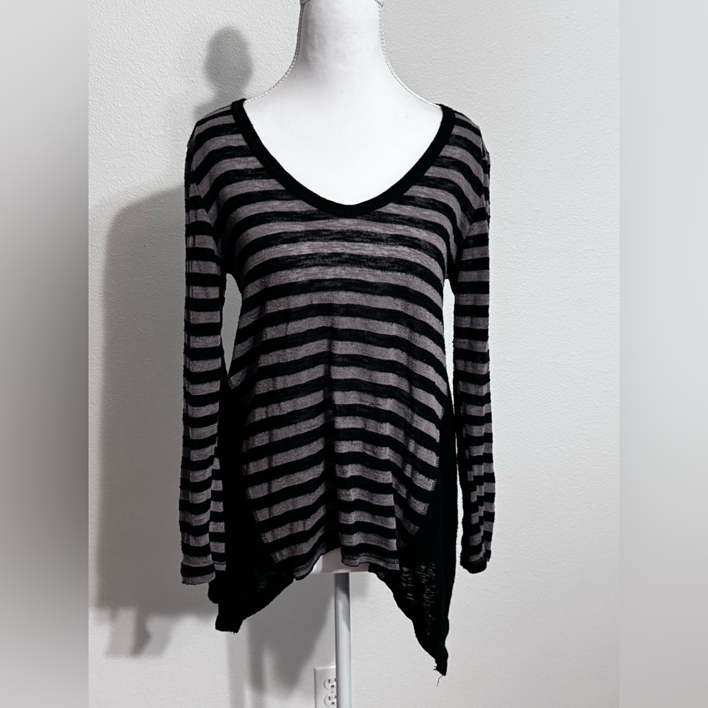 Bobeau Black and Gray Striped Sheer Long Sleeve Top
